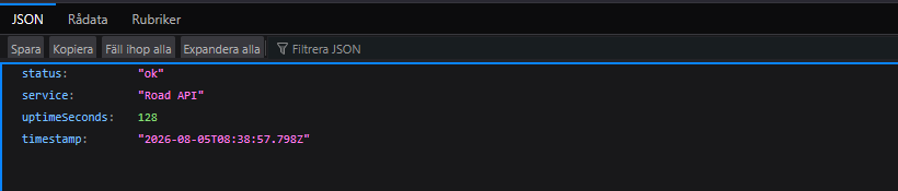 Lokalt hälsosvar från Road API med status ok